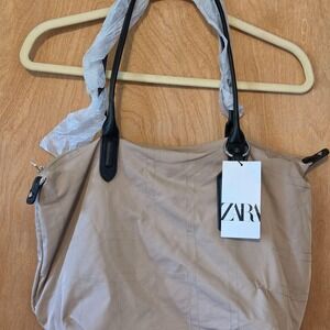 Zara Nylon Grid Topstitching Tote Bag Beige Tan Black Handles NWT